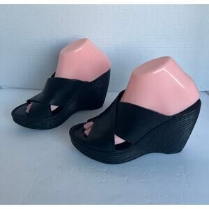 Born Black Leather Criss Cross Wide Straps Platform Wedge Slip On Sandals Size 8